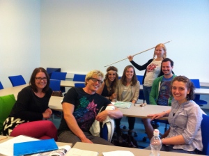 The few us of who stayed til the end of Danish class, and our great teacher yielding her pointing stick.
